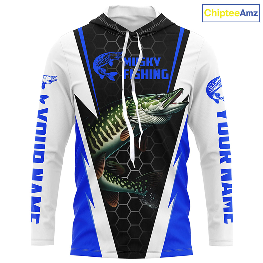 Personalized Musky Fishing Long Sleeve Tournament Fishing Shirts, Musky Fishing Jerseys |Blue IPHW6143