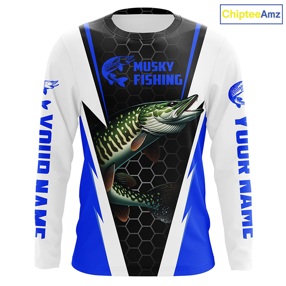 Personalized Musky Fishing Long Sleeve Tournament Fishing Shirts, Musky Fishing Jerseys |Blue IPHW6143