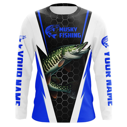 Personalized Musky Fishing Long Sleeve Tournament Fishing Shirts, Musky Fishing Jerseys |Blue IPHW6143