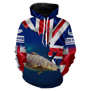 Custom name Atlantic Cod fish UK Flag Fishing Shirts, United Kingdom Cod fish Fishing Shirts IPHW3610