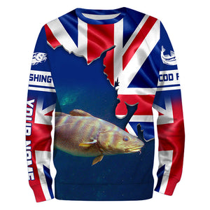 Custom name Atlantic Cod fish UK Flag Fishing Shirts, United Kingdom Cod fish Fishing Shirts IPHW3610