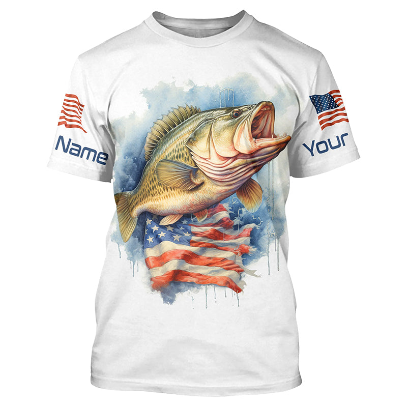 Bass Fishing American Flag Long Sleeve Fishing Shirts, Personalized Patriotic Bass Fishing Jerseys IPHW4696