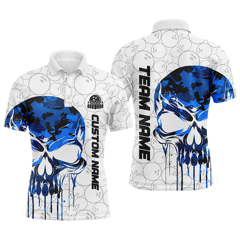 Custom Blue Camo Skull Bowling Polo Shirts Men Team Bowling Jerseys Bowling League Outfit IPHW5306