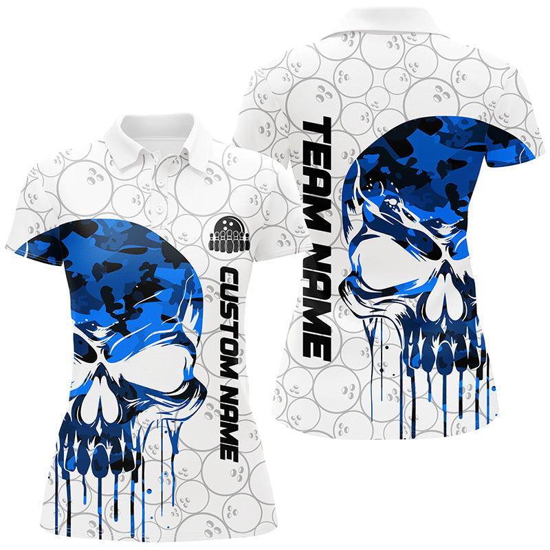 Custom Blue Camo Skull Bowling Polo Shirts Women Team Bowling Jerseys Bowling League Outfit IPHW5306