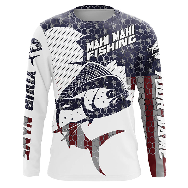 Personalized Mahi Mahi Fishing American Flag Long Sleeve Fishing