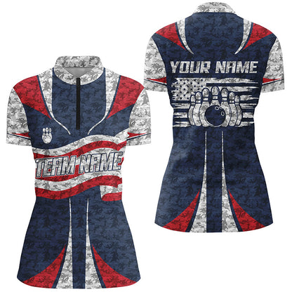 Personalized American Flag Bowling Team Shirts For Women Patriotic Bowling League Outfits IPHW5487