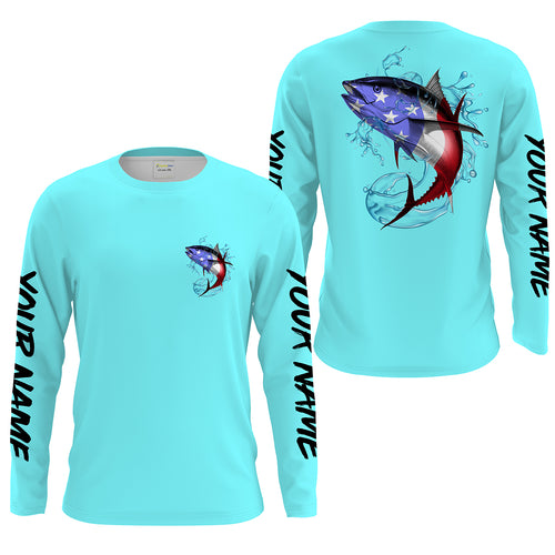 Tuna Fishing American Flag Custom performance Long Sleeve Fishing Shirts, Patriotic Fishing gifts | sky blue - IPHW1507