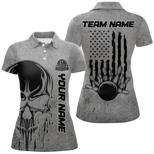 Skull Bowling Shirt For Women Custom Team Name American Flag Bowler Jersey Polo Shirt IPHW5324