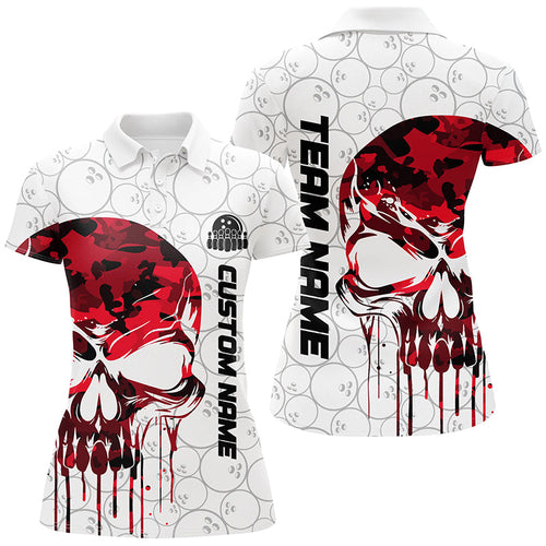 Custom Red Camo Skull Bowling Polo Shirts Women Team Bowling Jerseys Bowling League Outfit IPHW5325