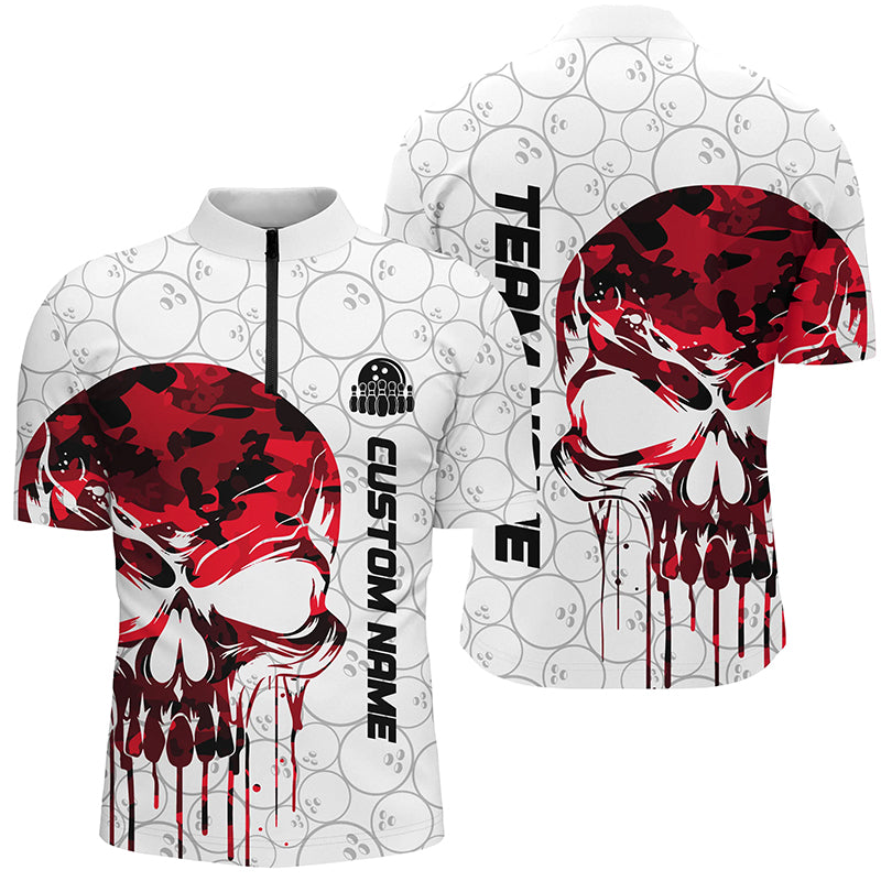 Custom Red Camo Skull Bowling Quarter Zip Shirts Men Team Bowling Jerseys Bowling League Outfit IPHW5325