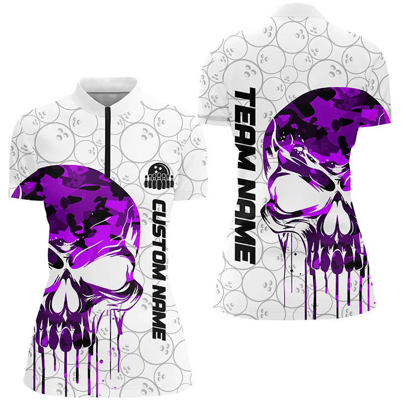 Custom Purple Camo Skull Bowling Quarter-Zip Shirts Women Team Bowling League Outfit IPHW5326