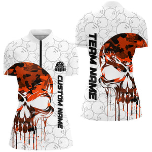 Custom Orange Camo Skull Bowling Quarter-Zip Shirts Women Team Bowling Jerseys Bowling Outfit IPHW5327