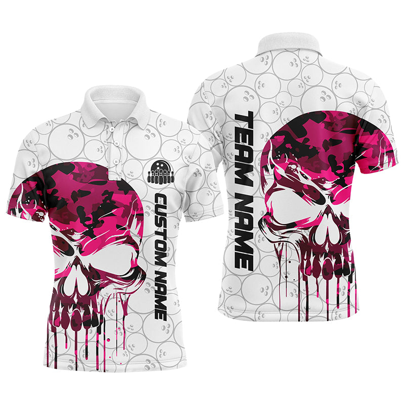 Custom Pink Camo Skull Bowling Polo Shirts Men Team Bowling Jerseys Bowling League Outfit IPHW5328