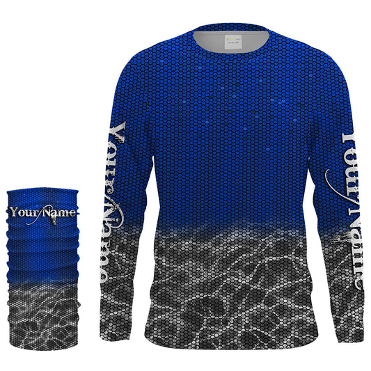 Custom Blue Fishing camo Long Sleeve performance Fishing Shirts, UV Protection Fishing apparel - IPHW1515