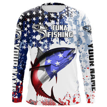 Load image into Gallery viewer, American Flag Tuna Custom Long Sleeve Tournament Fishing Shirts, Patriotic Fishing Jerseys IPHW5646