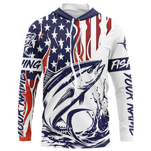 Load image into Gallery viewer, Flame American Flag Custom Tuna Long Sleeve Fishing Shirts, Patriotic Tuna Saltwater Fishing Jerseys IPHW5944