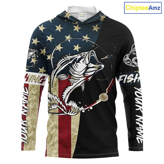 Personalized Bass Fishing American Flag Custom Long Sleeve Fishing Shirts, personalized Patriotic Fishing gifts - IPHW1193