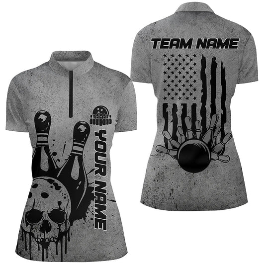 Custom American Flag Skull Bowling Shirts For Women, Patriotic Team Bowling Jerseys IPHW5846