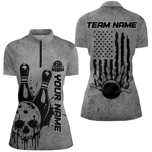 Custom American Flag Skull Bowling Shirts For Women, Patriotic Team Bowling Jerseys IPHW5846