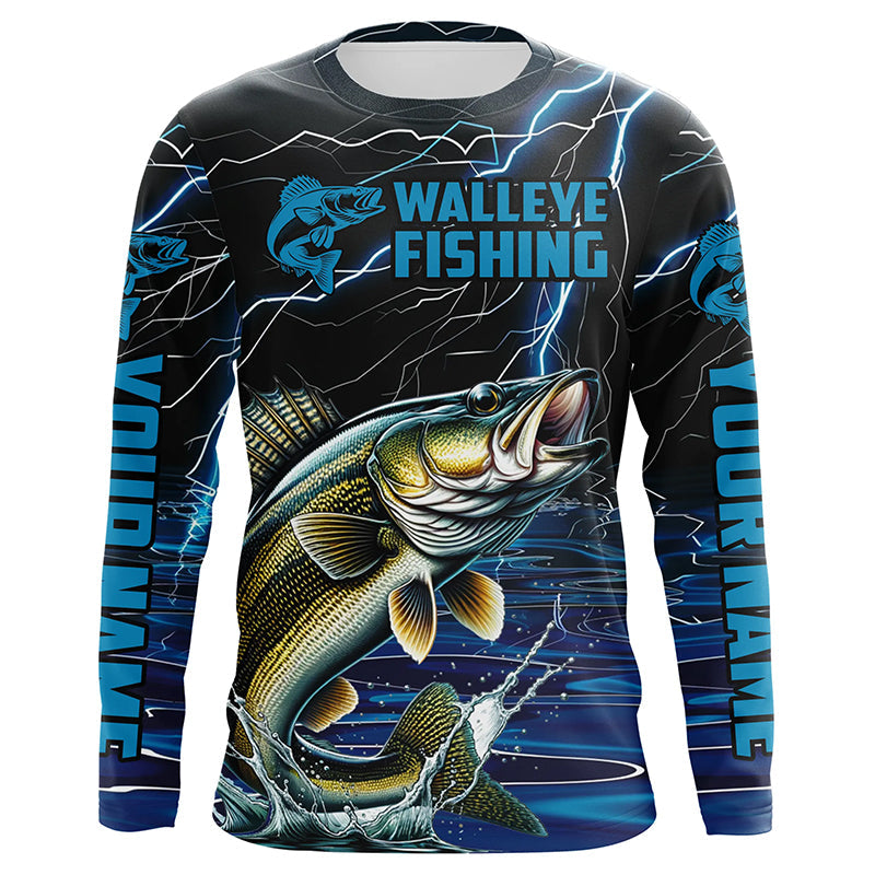 Blue Thunder Lightning Custom Walleye Long Sleeve Tournament Fishing Shirts, Walleye Fishing Jerseys IPHW5996