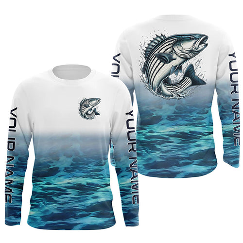 Personalized Striped Bass Long Sleeve Performance Fishing Shirts, Striper Fishing Jerseys IPHW6000