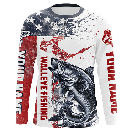 Personalized American Flag Walleye Fishing Shirts, Walleye Long Sleeve Tournament Fishing Jerseys IPHW6005