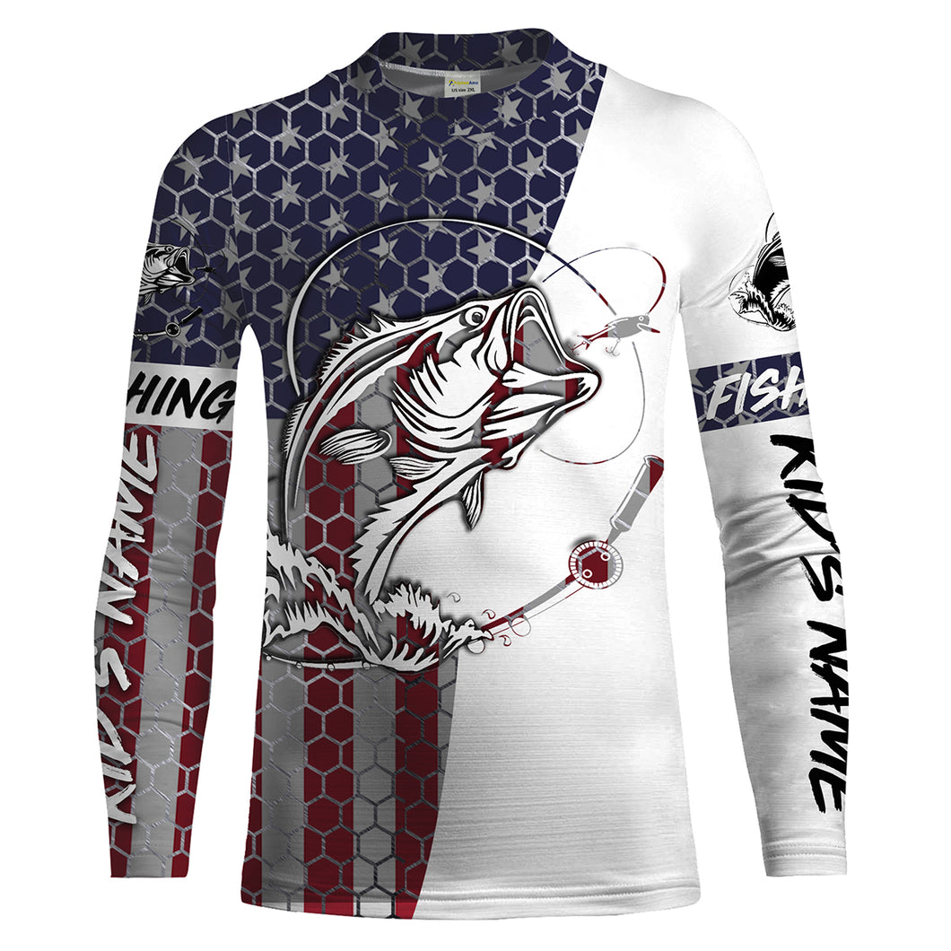 Bass Fishing American Flag Custom Long Sleeve performance Fishing shirts, persoanlized Patriotic Bass Fishing jerseys - IPHW1382