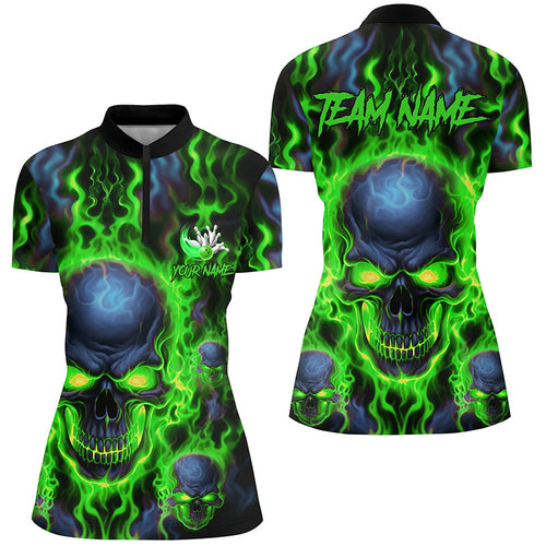 Custom Ladies Bowling Quarter Zip Shirts Green Skull Flame Bowling Shirts For Team IPHW5379