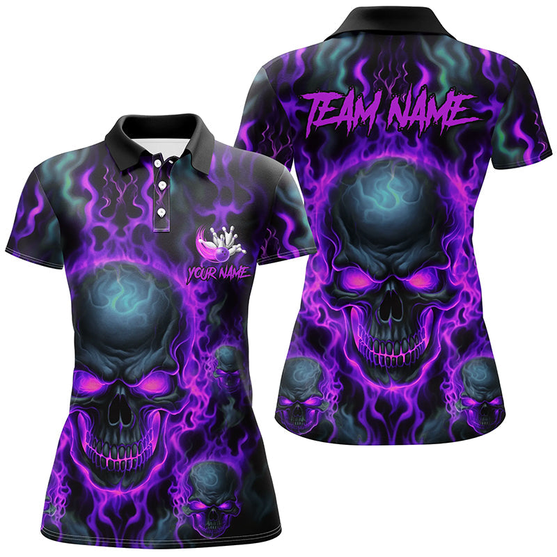 Custom Ladies Bowling Polo Shirts Purple Flame Skull Team Bowling Jerseys Halloween Outfits IPHW5380