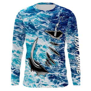 Fishing camo Fish hook Custom Long sleeve performance Fishing Shirts, sea waves camo Fishing jerseys IPHW2936