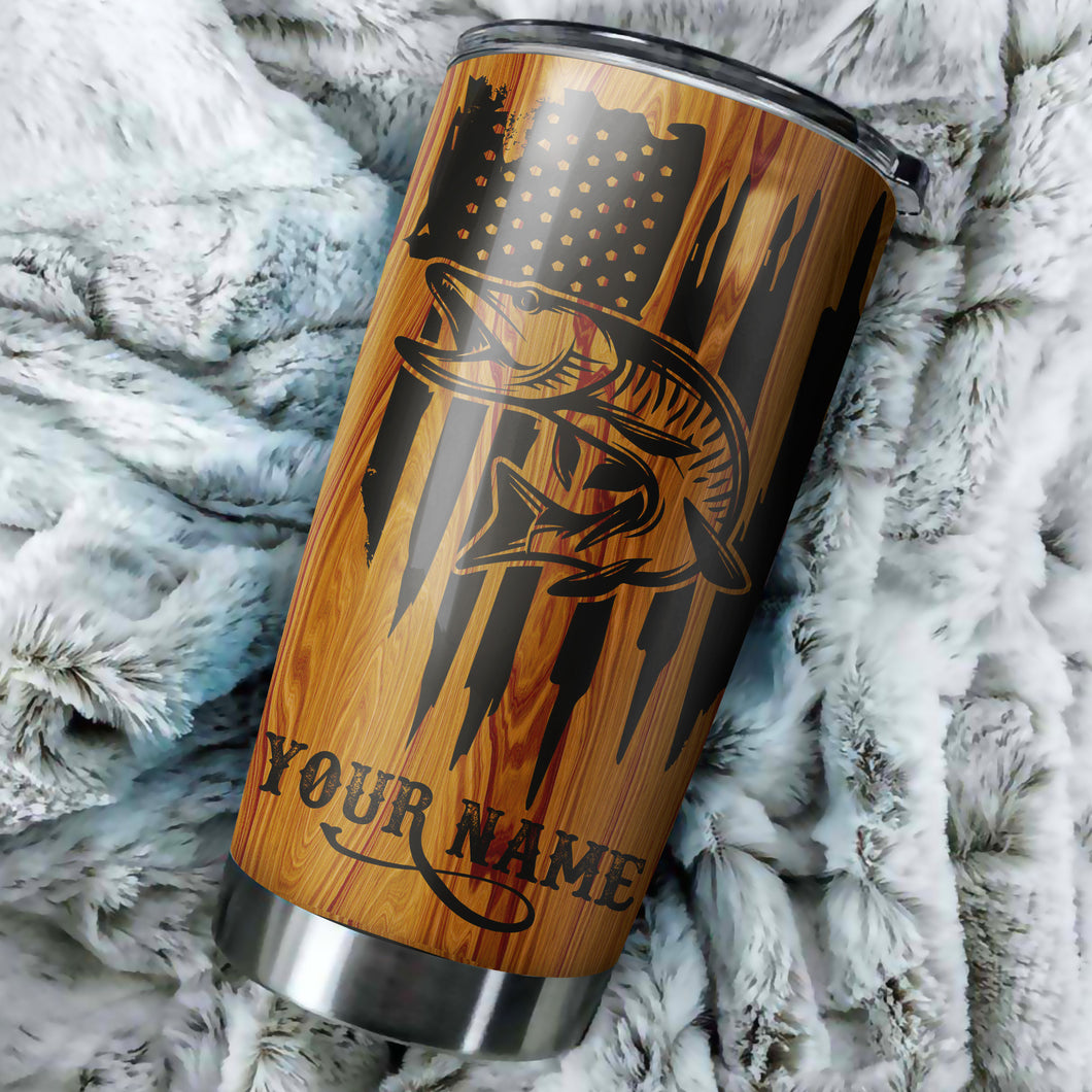 Musky Fishing Tumbler American Flag Custom Stainless steel Tumbler cup | personalized Patriotic Fishing gifts 4th of July - IPHW36