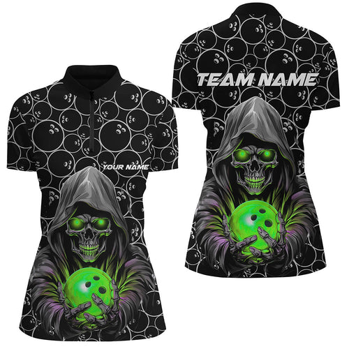 Custom Bowlers Outfits Skull Green Bowling Quarter Zip Shirts Women Bowling League Jerseys IPHW5389