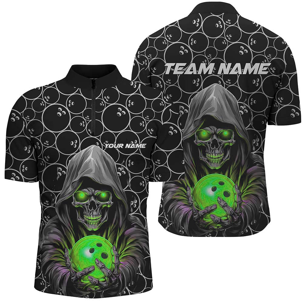 Custom Bowlers Outfits Skull Green Bowling Quarter Zip Shirts Men Bowling League Team Jerseys IPHW5389