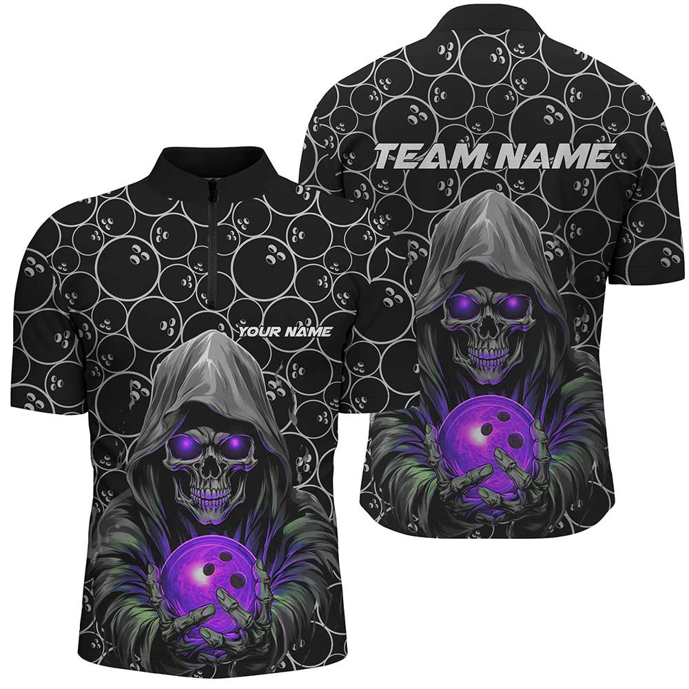 Custom Bowlers Outfits Skull Purple Bowling Quarter Zip Shirts Men Bowling League Team Jerseys IPHW5390