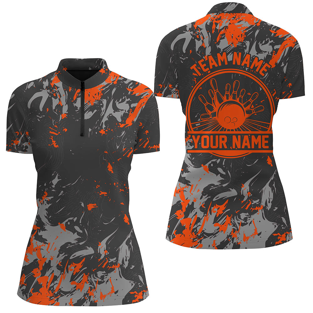 Custom Bowling Quarter Zip Shirts Women, Bowling Ball And Pins Bowling Team Shirts | Orange IPHW5397