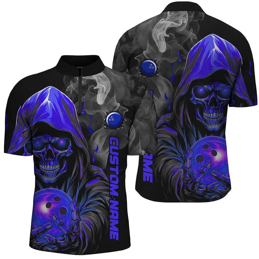 Personalized Blue Skull Men'S Bowling Team Jersey Smoke Bowling Quarter Zip Shirts For Bowlers IPHW5406