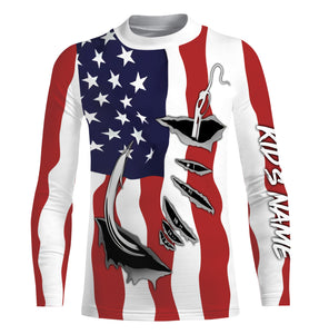 American Flag Patriotic Fish hook Custom Long sleeve Shirts, 4th of July Fishing tournament Shirts  - IPH1900