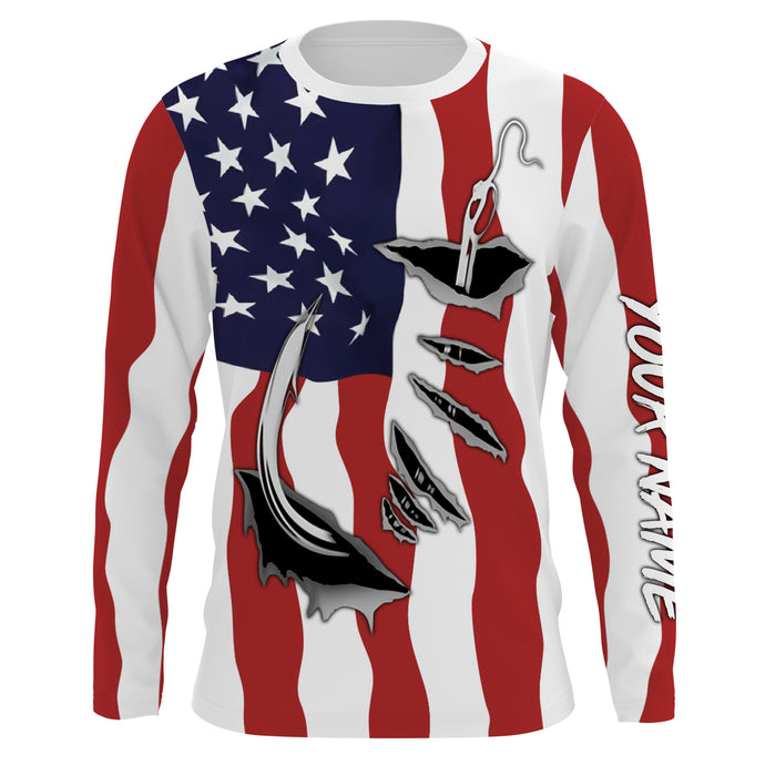 American Flag Patriotic Fish hook Custom Long sleeve Shirts, 4th of July Fishing tournament Shirts - IPH1900