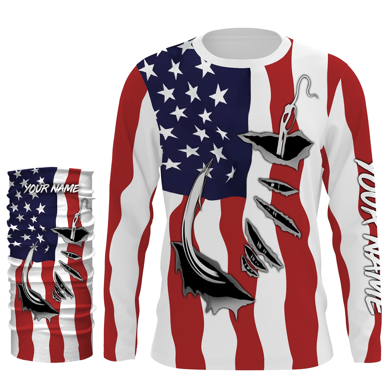 Custom American Flag Fishing Shirts 3D Hook Long sleeve Fishing