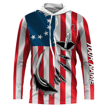 Load image into Gallery viewer, 3D Fish Hook Old American Flag Custom Fishing Shirts, Patriotic Long Sleeve Fishing Shirts IPHW4787