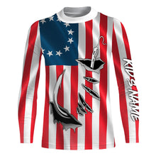 Load image into Gallery viewer, 3D Fish Hook Old American Flag Custom Fishing Shirts, Patriotic Long Sleeve Fishing Shirts IPHW4787