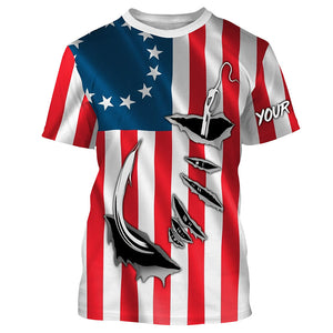 3D Fish Hook Old American Flag Custom Fishing Shirts, Patriotic Long Sleeve Fishing Shirts IPHW4787