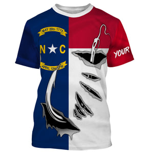 NC North Carolina Flag Fishing 3D Fish Hook UV protection quick dry customize name long sleeves shirts UPF 30+ personalized Patriotic fishing apparel gift for Fishing lovers - IPH1905