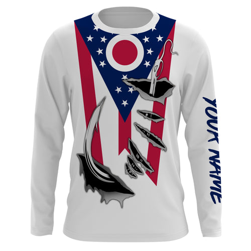 OH Ohio Flag Fishing 3D Fish Hook UV protection quick dry customize name long sleeves shirts personalized Patriotic fishing apparel gift for Fishing lovers IPH1906