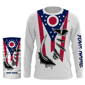 OH Ohio Flag Fishing 3D Fish Hook UV protection quick dry customize name long sleeves shirts UPF 30+ personalized Patriotic fishing apparel gift for Fishing lovers - IPH1906