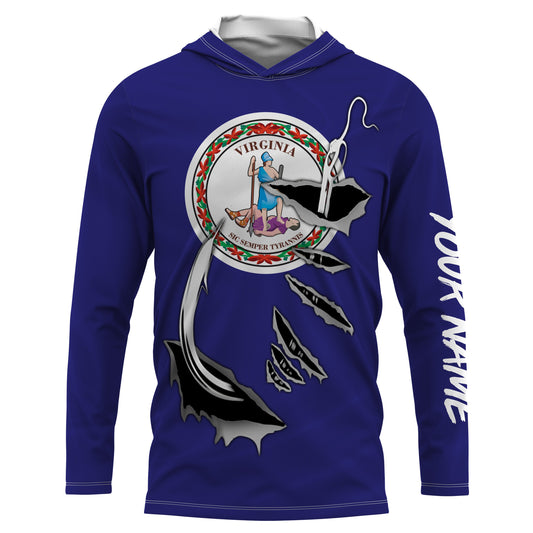 VA Virginia Flag Fishing 3D Fish Hook UV protection quick dry customize name long sleeves shirts personalized Patriotic fishing apparel gift for Fishing lovers IPH1910