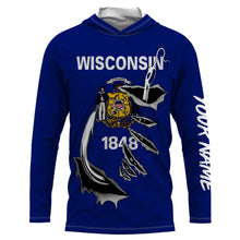 Load image into Gallery viewer, WI Wisconsin Flag Fishing 3D Fish Hook UV protection quick dry customize name long sleeves shirts UPF 30+ personalized Patriotic fishing apparel gift for Fishing lovers - IPH1912