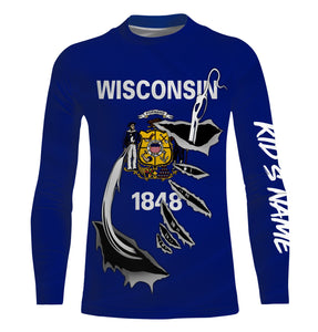 WI Wisconsin Flag Fishing 3D Fish Hook UV protection quick dry customize name long sleeves shirts UPF 30+ personalized Patriotic fishing apparel gift for Fishing lovers - IPH1912