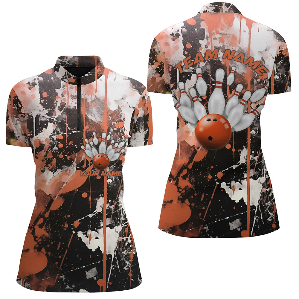 Orange Camo Bowling Team Shirts Women Quarter Zip Custom Bowling League Jerseys IPHW5412