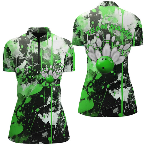 Green Camo Bowling Team Shirts Women Quarter Zip Shirts Custom Bowling League Jerseys IPHW5414